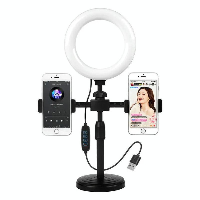 Double-machine Position Round Plate Desktop Cell Phone Live Streaming Holder 6 inch Fill Light Selfie Portable Holder