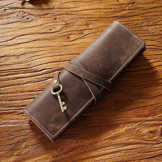 Retro Genuine Leather Pen Curtain Pencil Case Tie Rope With Key(Crazy Horse Coffee)