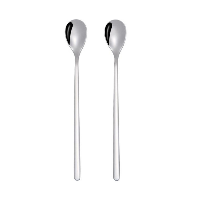 2 PCS Stainless Steel Spoon Creative Coffee Spoon Bar Ice Spoon Gold Plated Long Stirring Spoon, Style:Round Spoon, Color:Silver