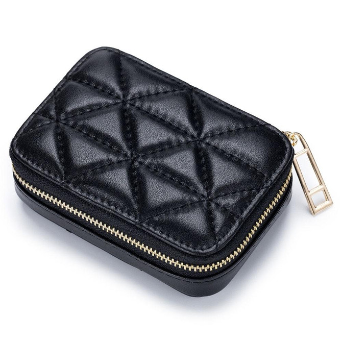 Genuine Leather Diamond Portable Mini Lipstick Cosmetic Bag with Mirror Coin Purse Earphone Bag(Black)