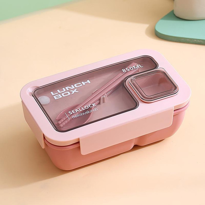 Rectangle Microwaveable Lunch Box Hermetic Bento Box with Spoon Chopsticks(Pink)