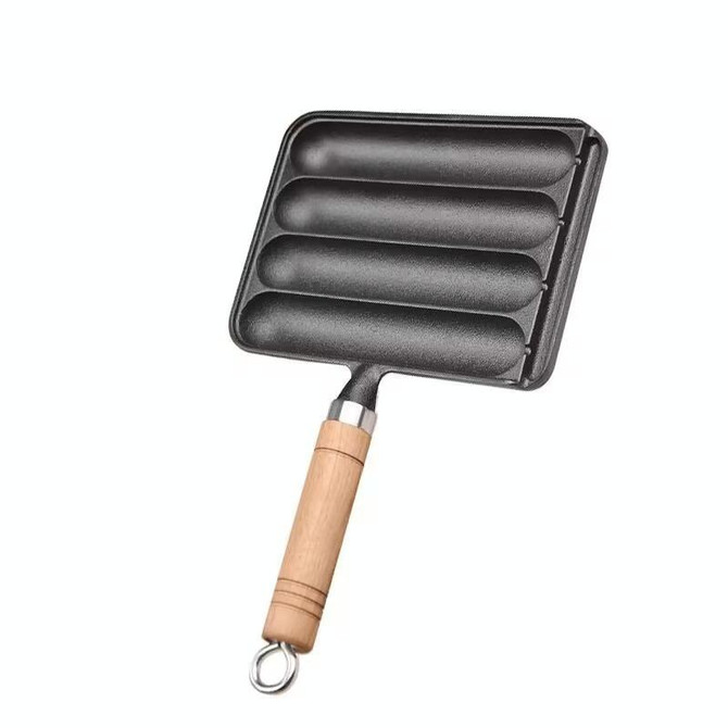 Cast Iron Grill Pan 4-Grid Non-Stick Sausage Grill Pan With Wood Handle(KC-04)