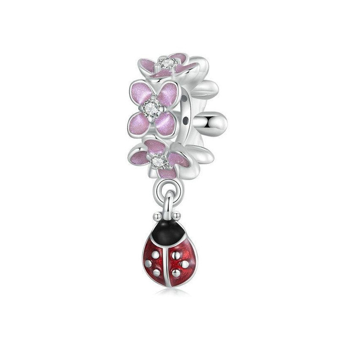 S925 Sterling Silver Platinum Plated Flower Ladybug DIY Beads(SCC2740)