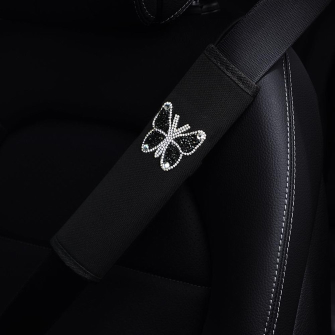 Car Seat Belt Cover Diamond Butterfly Shoulder Strap Cushion Cover 6.5x23cm(Black)