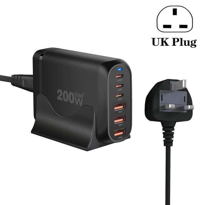 GaN PD100W Type-C x 3 + USB x 3 Multi Port Laptop Adapter, Plug Size:UK Plug