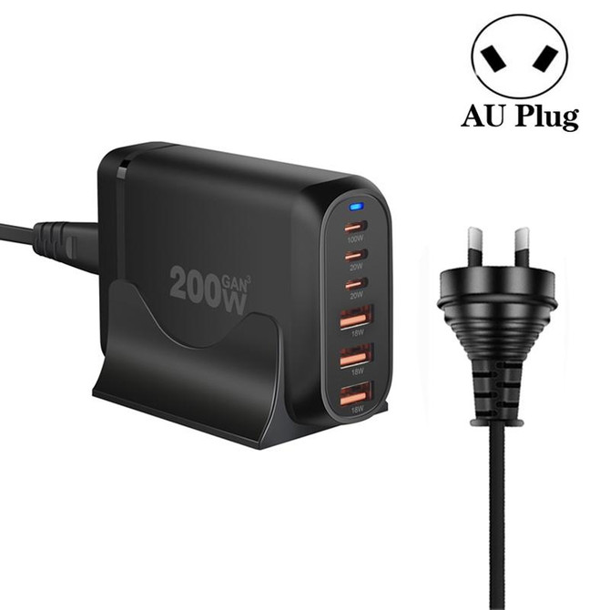 GaN PD100W Type-C x 3 + USB x 3 Multi Port Laptop Adapter, Plug Size:AU Plug