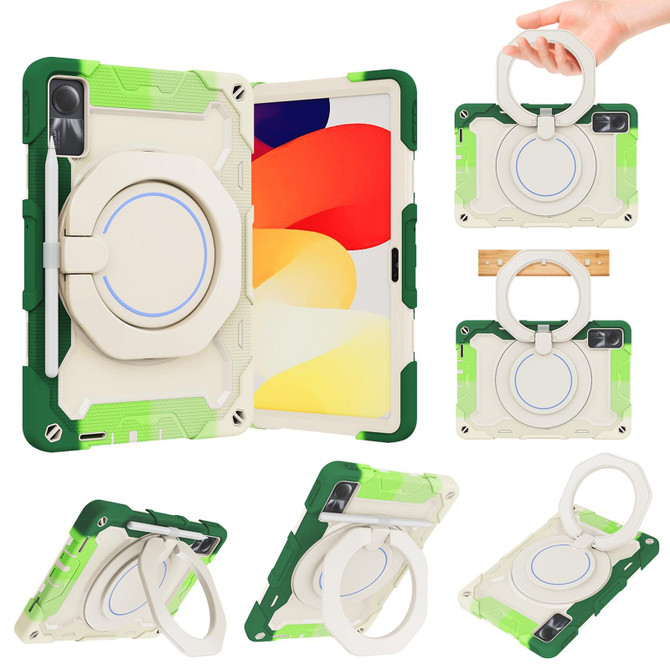 For Xiaomi Redmi Pad SE Armor Portable Rotating Ring Holder Silicone Tablet Case(Colorful Green)