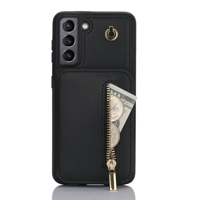 For Samsung Galaxy S21+ 5G YM006 Skin Feel Zipper Card Bag Phone Case with Dual Lanyard(Black)