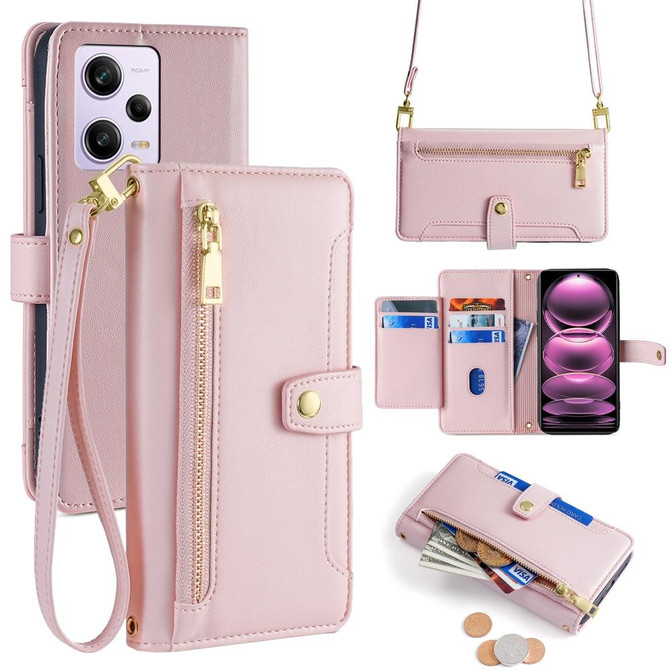 For Xiaomi Redmi Note 12 Pro Sheep Texture Cross-body Zipper Wallet Leather Phone Case(Pink)