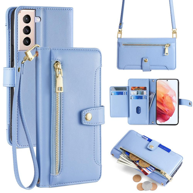 For Samsung Galaxy S21 5G Sheep Texture Cross-body Zipper Wallet Leather Phone Case(Blue)