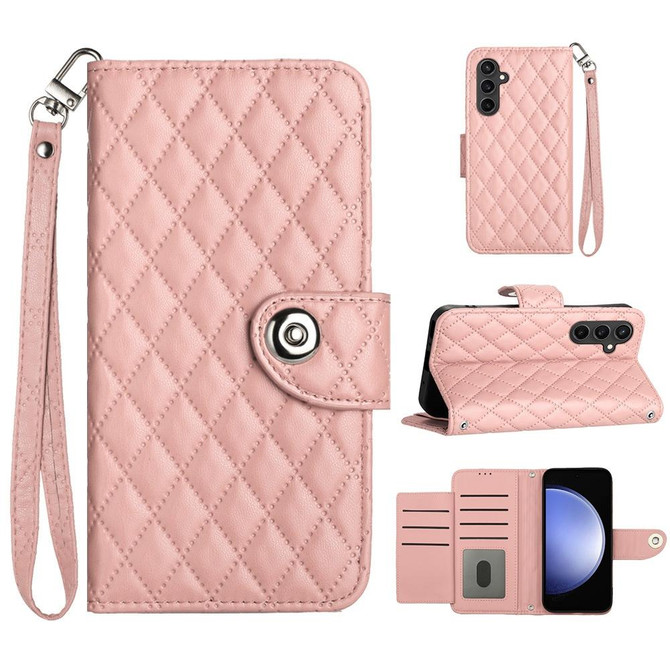 For Samsung Galaxy S23 FE 5G Rhombic Texture Flip Leather Phone Case with Lanyard(Coral Pink)