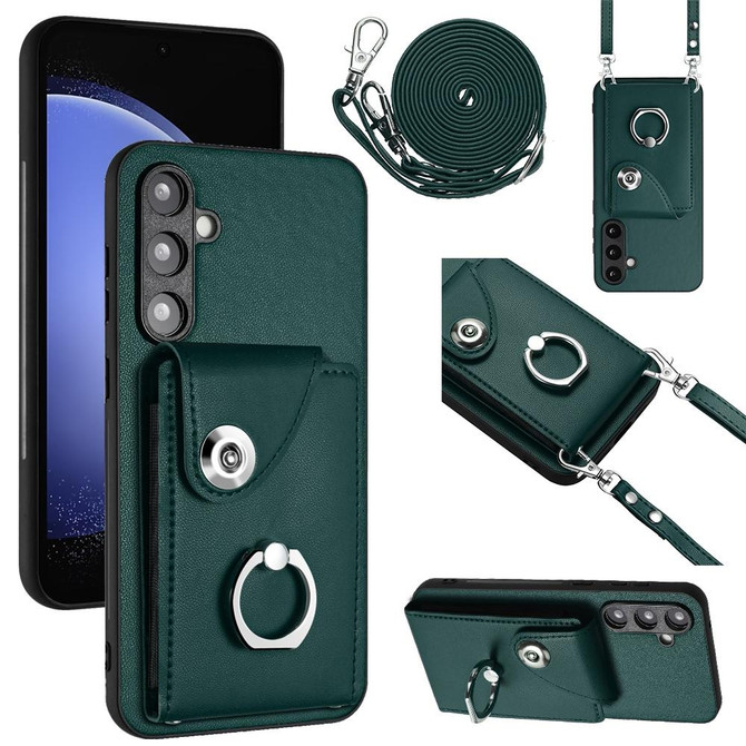 For Samsung Galaxy S23 FE 5G Organ Card Bag Ring Holder Phone Case with Long Lanyard(Green)