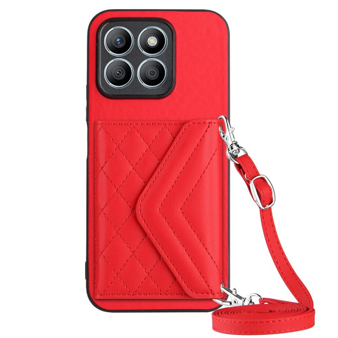 For Honor X8b 4G Global Rhombic Texture Card Bag RFID Phone Case with Long Lanyard(Red)