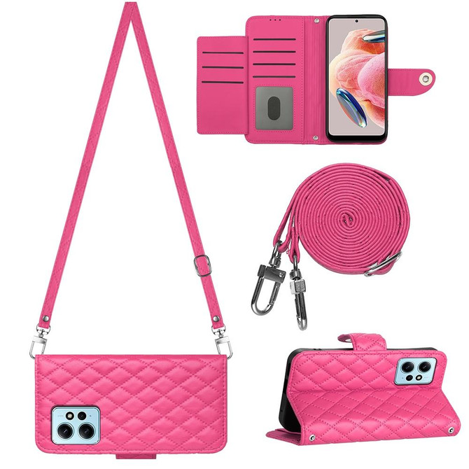 For Xiaomi Redmi Note 12 4G Global Rhombic Texture Flip Leather Phone Case with Long Lanyard(Rose Red)