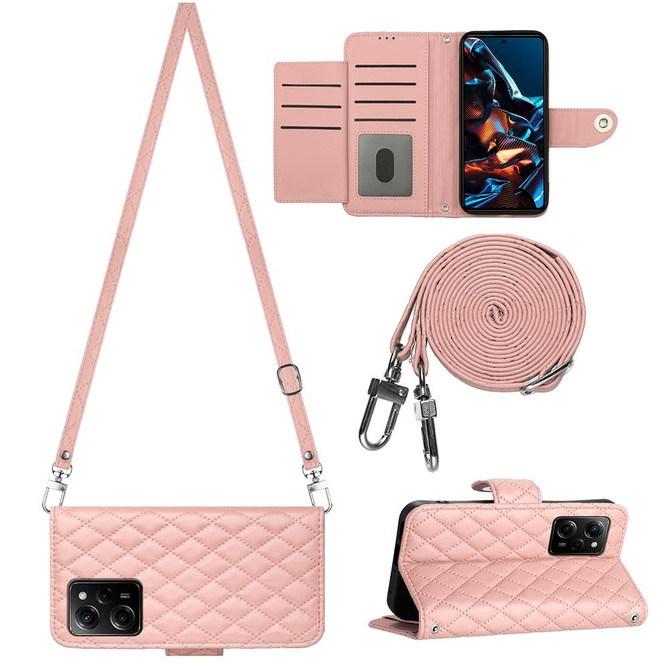 For Xiaomi Redmi Note 12 Pro Speed Rhombic Texture Flip Leather Phone Case with Long Lanyard(Coral Pink)