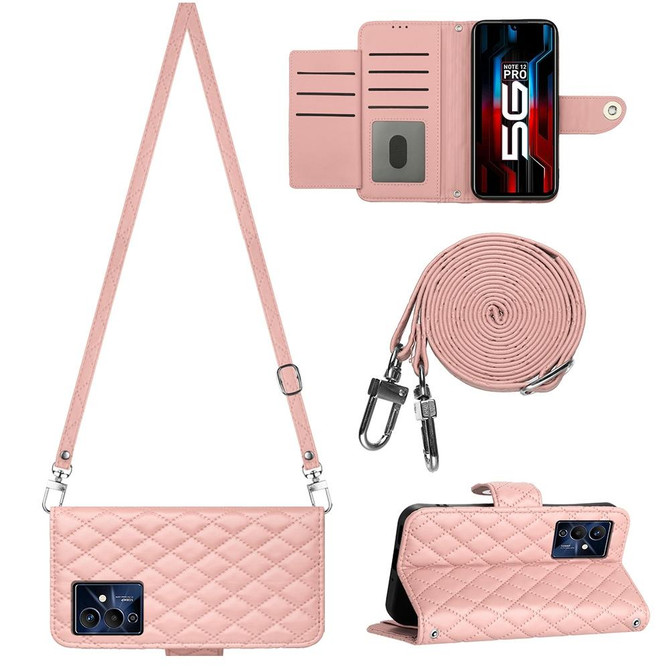 For Xiaomi Redmi Note 12 Pro 5G Global Rhombic Texture Flip Leather Phone Case with Long Lanyard(Coral Pink)