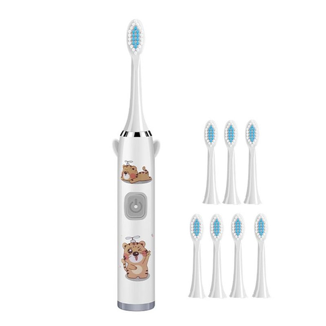 USB Charging Fully Automatic Ultrasonic Cartoon Children Electric Toothbrush, Color: White with 8 Heads