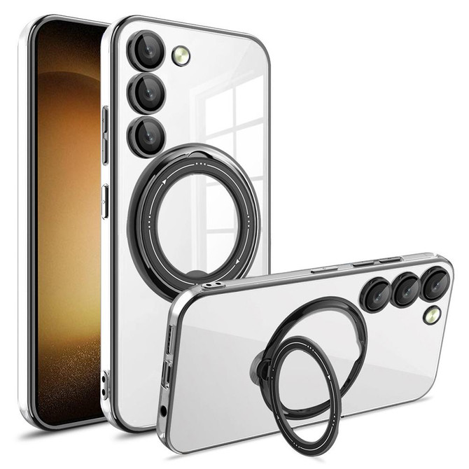 For Samsung Galaxy S23+ Electroplating MagSafe 360 Degree Rotation Holder Shockproof Phone Case(Black)