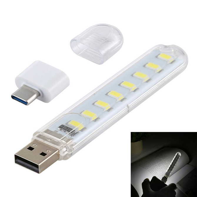 8LEDs 5V 200LM USB LED Book Light Portable Night Light, with Type-C Adapter(White Light)