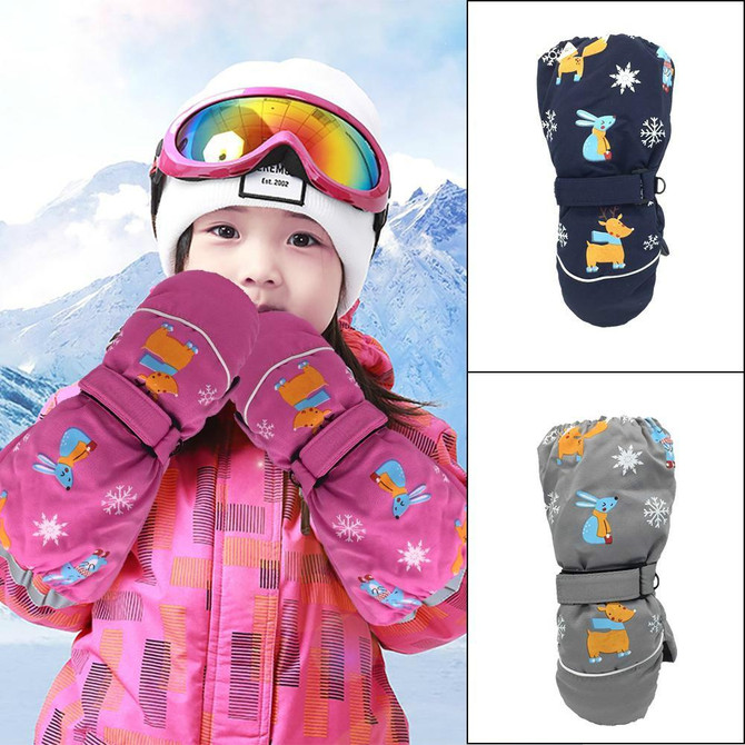 Children Sartoon Deer Rabbit Print Pattern Long Sleeves Windproof and Waterproof Ski Gloves, Size:One Size(Rose Red)