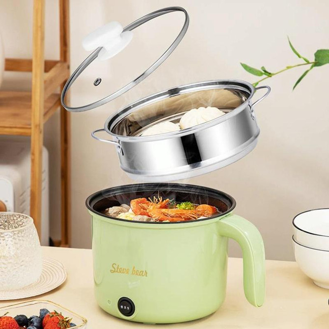 18cm Fast / Slow Gear+Non-stick Pot+Stainless Steel Steaming Grid Multifunctional Mini Electric Cooker(UK Plug Green)