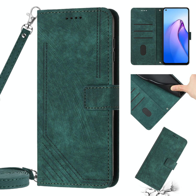 For OPPO Reno6 5G Skin Feel Stripe Pattern Leather Phone Case with Lanyard(Green)