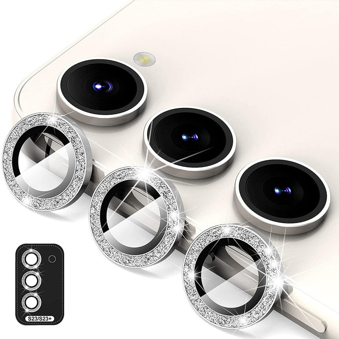 For Samsung Galaxy S23 5G / S23+ 5G ENKAY 9H Rear Camera Lens Glitter Aluminium Alloy Ring Tempered Glass Film(Silver)