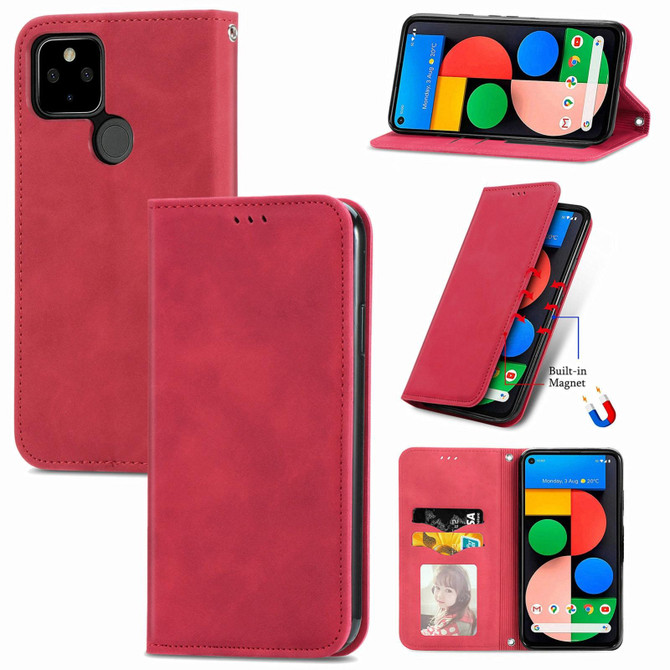 For Google Pixel 5a 5G Retro Skin Feel Business Magnetic Horizontal Flip Leather Case with Holder & Card Slots & Wallet & Photo Frame(Red)