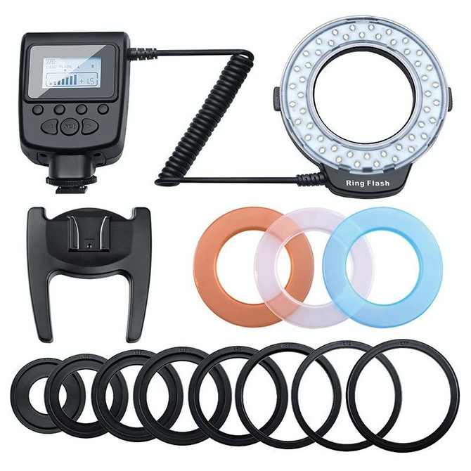 HD-130 Macro LED Ring Flash Light with 8 Different Sizes Adapter Ring (40.5 / 52 / 55 / 58 / 62 / 67 / 72 / 77mm)  & 3 x Color Diffuser