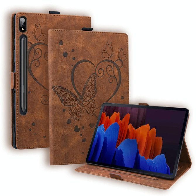 For Samsung Tab S7+ T970 T976B Love Butterfly Pattern Horizontal Flip Leather Case with Holder(Brown)