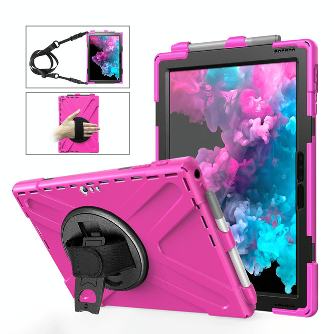 For Microsoft Surface Pro 4 / 5 Shockproof Colorful Silicone + PC Protective Case with Holder & Hand Strap & Pen Slot(Rose Red)