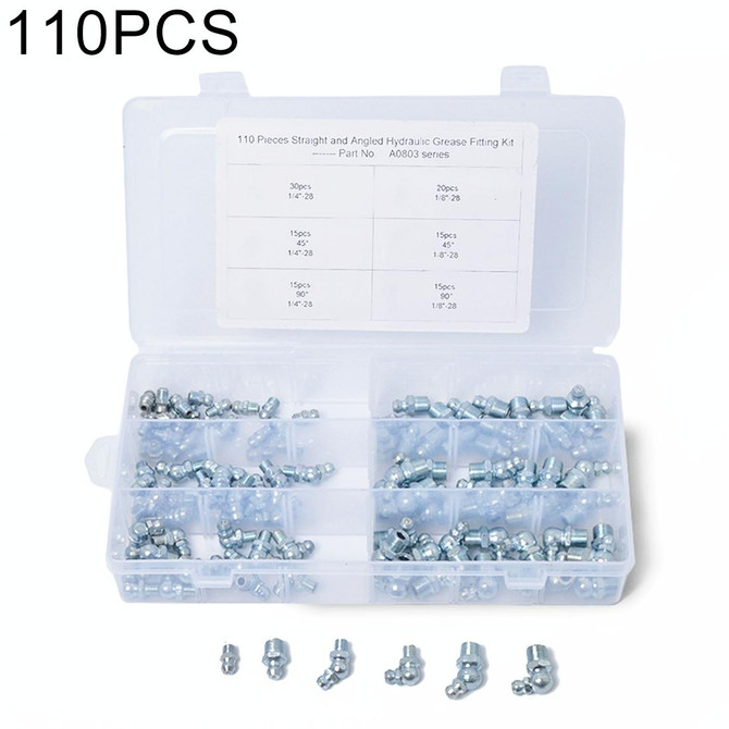 110 PCS Straight and Angled Hydraulic Grease Zerk Fitting SAE Kit