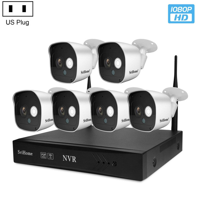 SriHome NVS002 1080P 6-Channel NVR Kit Wireless Security Camera System, Support Humanoid Detection / Motion Detection / Night Vision, US Plug
