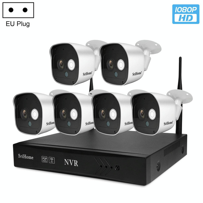 SriHome NVS002 1080P 6-Channel NVR Kit Wireless Security Camera System, Support Humanoid Detection / Motion Detection / Night Vision, EU Plug