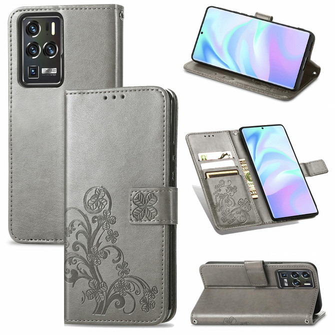 For ZTE Axon 30 Ultra 5G Four-leaf Clasp Embossed Buckle Mobile Phone Protection Leather Case with Lanyard & Card Slot & Wallet & Bracket Function(Gray)