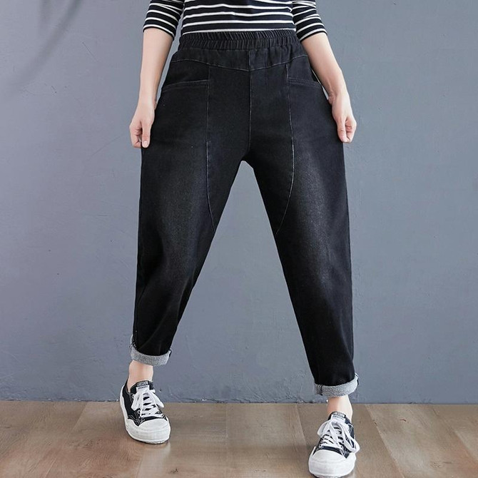 Women Slim Plus Size Pants Loose Wide Leg Jeans (Color:Black Size:L)