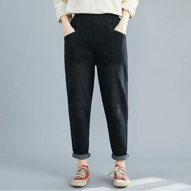 Plus Size Womens High Waist Jeans Loose And Thin Harem Pants (Color:Black Size:XL)