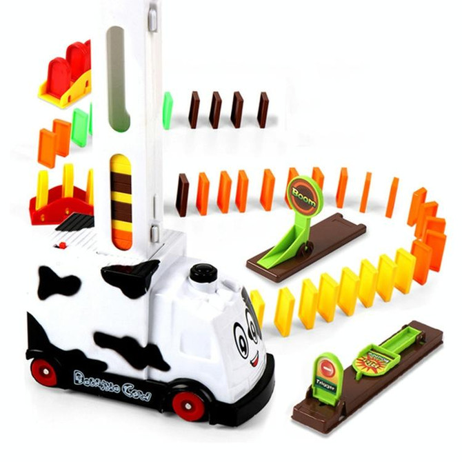 Puzzle Domino Car Electric Train With Sound And Light Music Automatic Licensing Electric Car Toy(White Cow)