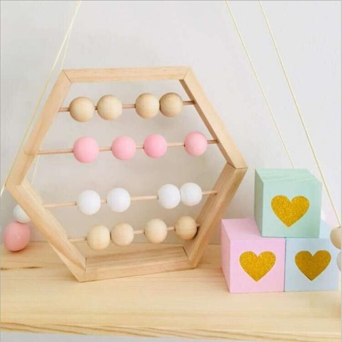 Natural Wooden Abacus Beads Craft Baby Early Learning Educational Toys Baby Room Decor(Wood White Pink)