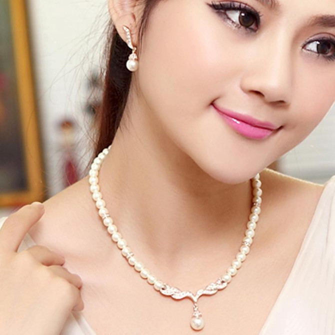 3 in 1 Bridal Accessories Lady Classic Fashion Bead Earring Necklace Jewelry Set