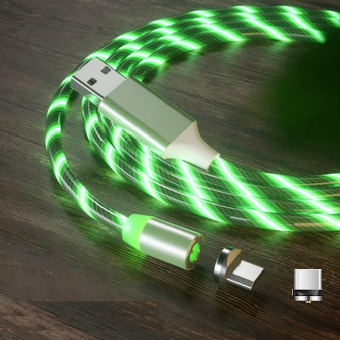 2 in 1 USB to Type-C / USB-C + Micro USB Magnetic Absorption Colorful Streamer Charging Cable, Length: 1m(Green Light)