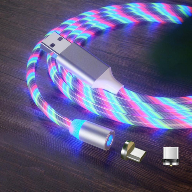 2 in 1 USB to Type-C / USB-C + Micro USB Magnetic Absorption Colorful Streamer Charging Cable, Length: 1m(Colorful Light)