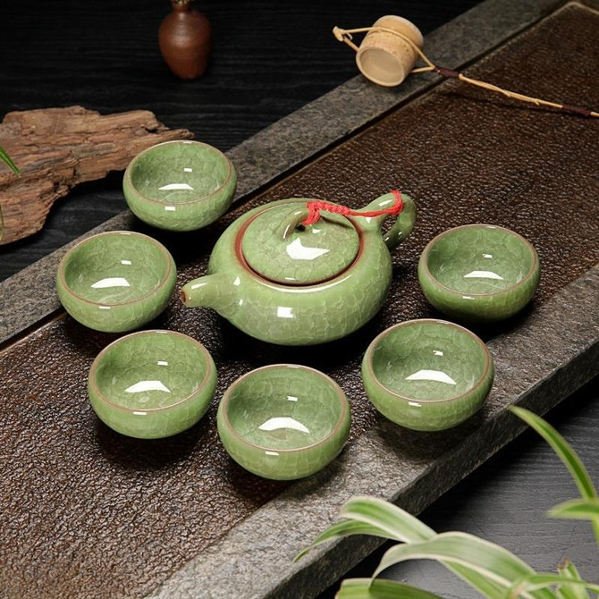 7 in 1 Ceramic Tea Set Ice Crack Glaze Kung Fu Teaware Set(Jade Green)