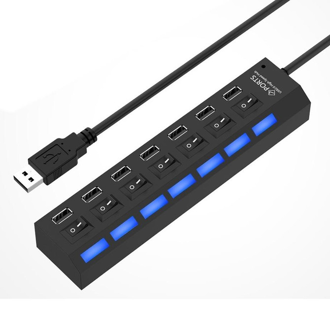 7 Ports USB Hub 2.0 USB Splitter High Speed 480Mbps with ON/OFF Switch / 7 LEDs(Black)