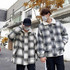 Down Jacket Lovers With The Same Paragraph Lamb Wool Coat Plaid Mori Retro Stand-up Collar Tooling Cotton Coat (Color:Grey grid Size:L)