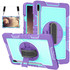 For Samsung Galaxy Tab S7 FE T730 / T735 / Tab S7+ T970 / T975 360 Degree Rotation Contrast Color Shockproof Silicone + PC Case with Holder & Hand Grip Strap & Shoulder Strap(Purple + Mint Green)