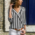 Women Striped Shirt Long Sleeve V-neck Shirts Casual Tops Blouse, Size:XXXL(Black)