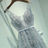 Sexy V-neck Evening Dress Robe Tulle Applique Evening Dresses, Size:S (Silver Gray)