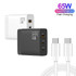 GAN 65W PD45W Dual Type-C / QC3.0 USB  Multi Compatible Charger + 2m USB-C to USB-C Data Cable UK + US Plug Black