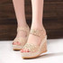 Summer Women Sandals Slope Heel Lace Open Toe Adhesive One Word Buckle Strap Muffin Thick Bottom Shoes, Size: 40(Beige)